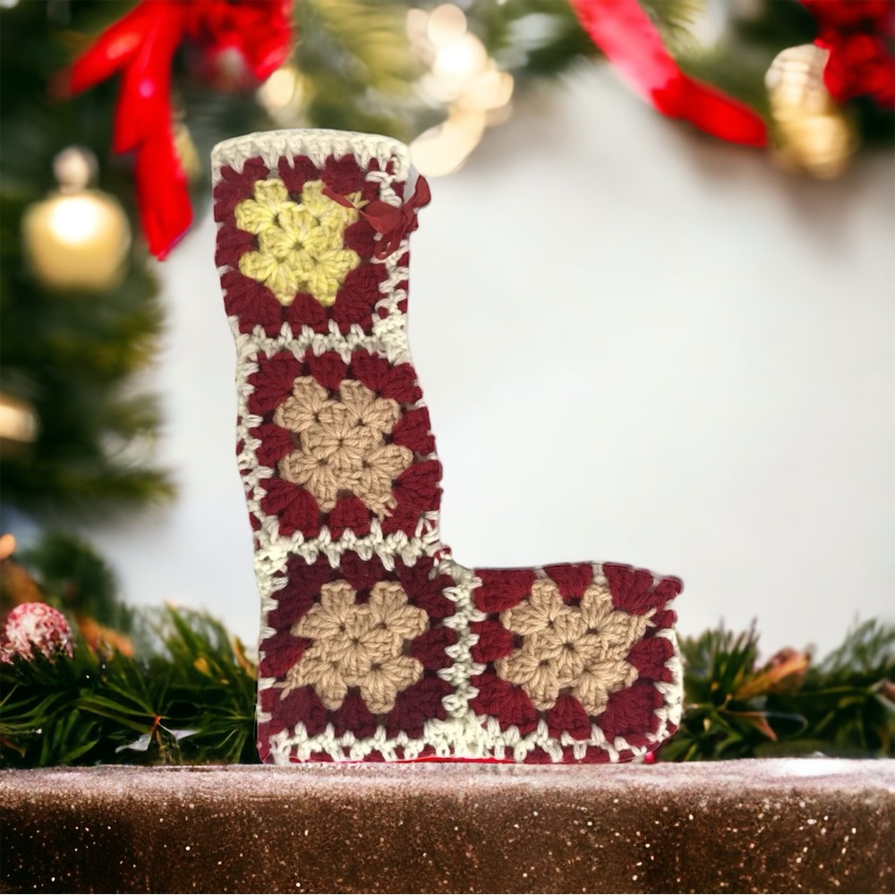 Handmade 13" Crocheted Granny Square Christmas Stocking - Red, White and Yellow